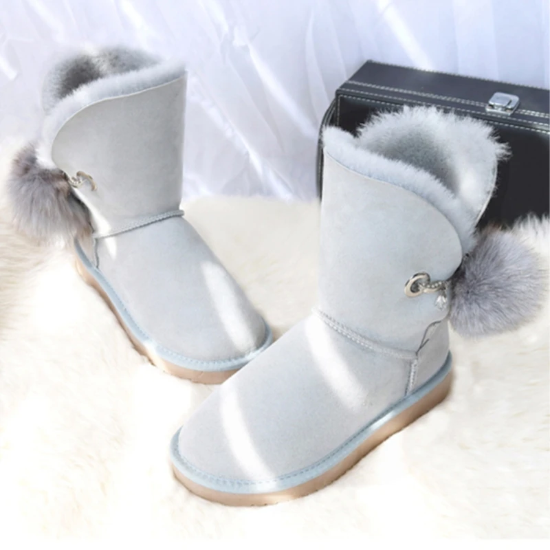 New Winter Sheepskin Boots Wool Fur Snow Mid Calf Sweet Fox Ball | Обувь