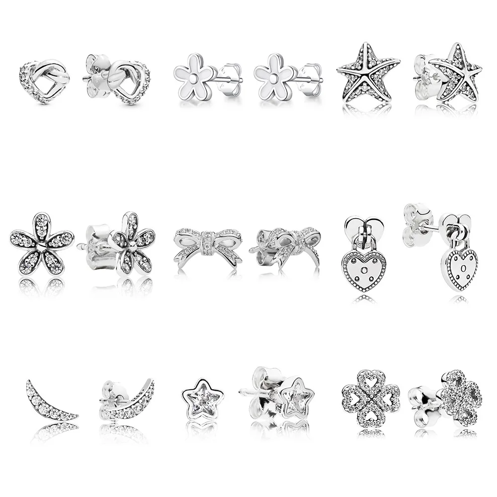 

925 Sterling Silver Earrings Fashion Clover Starfish Five Pointed Star Crescent Moon Crystal Earring For Women Party Jewelry