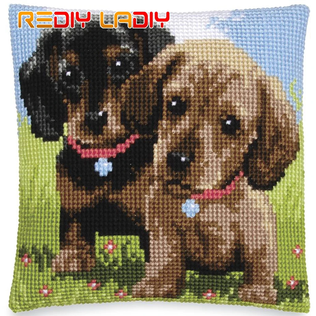 

DIY Cross Stitch Cushion Cover Two Dogs Needlepoint Kits Pre-Printed Canvas Thick Yarn Cross-stitch Pillow Case Arts and Crafts