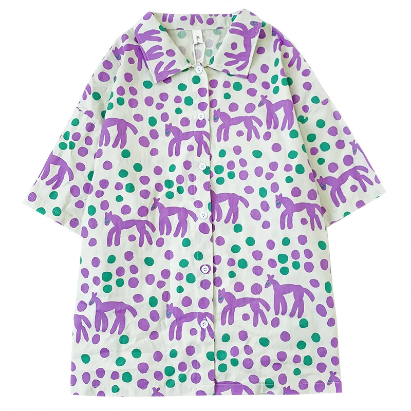 

Japanese polka dot contrast printing summer retro turn-down collar buttoned loose short-sleeved shirt