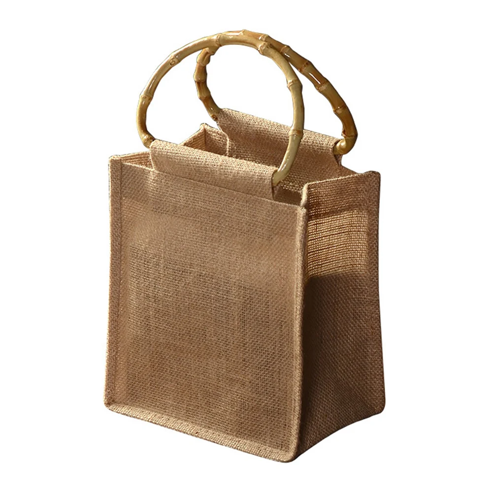 

Reusable Natural Linen Gift Bag Bamboo Handle Environmental Handbags Storage Organizer Wedding Birthday Party Gift Packing Bags