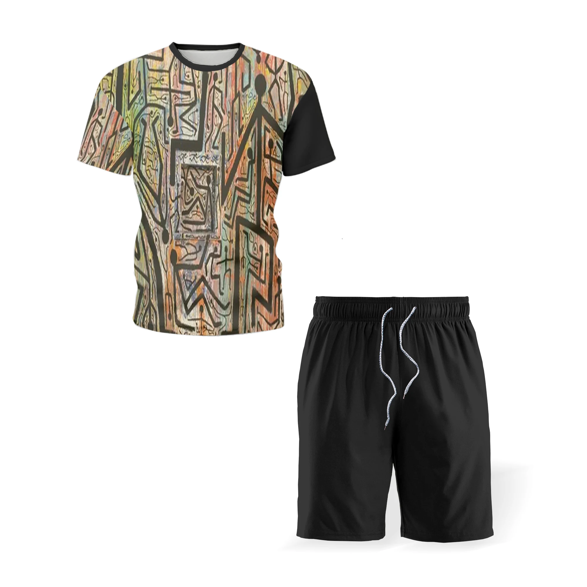 

New Men's Short Sleeve 3DT Shirt Set Retro Geometric Print Sportswear Loose Men's and Women's Homewear