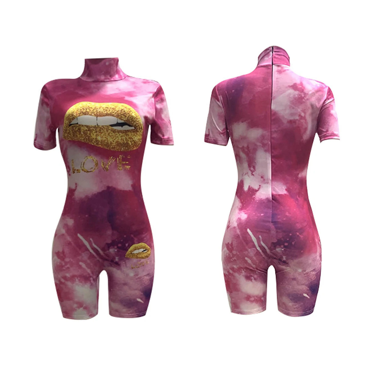 

Tie Dyeing Print Jumpsuit Rompers 2021 New Sexy Women Lips Print Turtleneck Bodycon Summer Hot Short Sleeve Rompers Shorts Pants