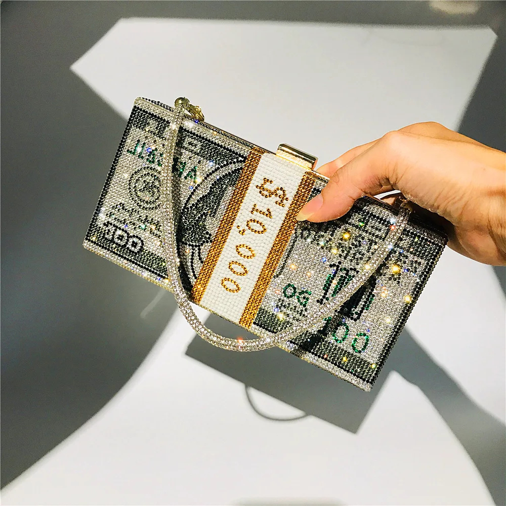

Dollar Cash Bag Rhinestone Money Shoulder Bill Diamond Clutch Purse Wedding Dinner Handbag