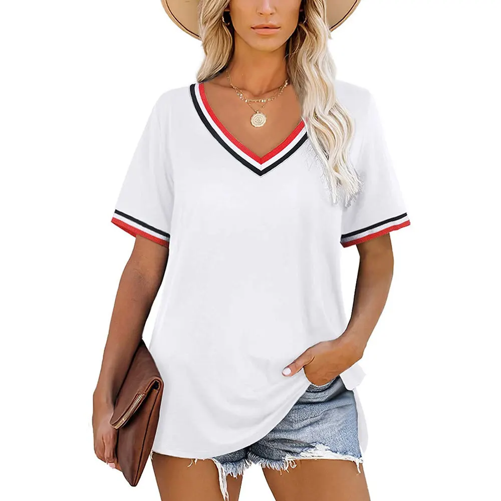 

Stripe Patchwork Summer Fashion Tshirt Women V-neck Short Sleeve Soft Cotton T Shirt 2021Casual Loose Micro Split Tops for Teens