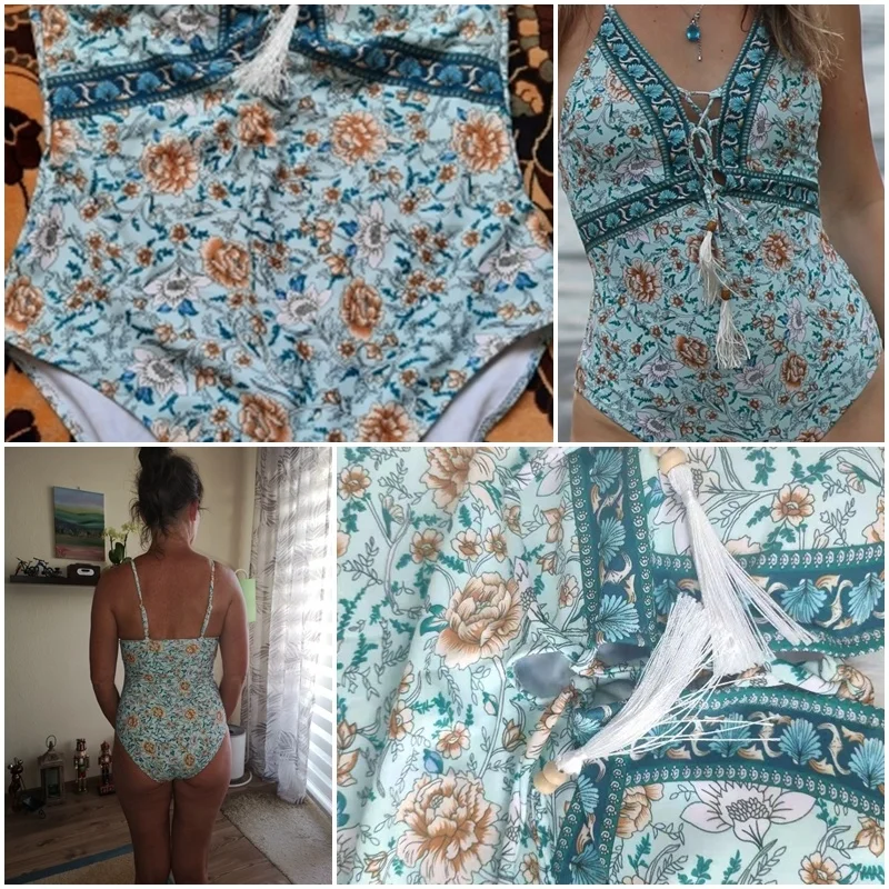 

In-X Floral print one piece swimsuit women Bandage tassel swimwear female Backless monokini Vintage bathing suit bodysuit 2021