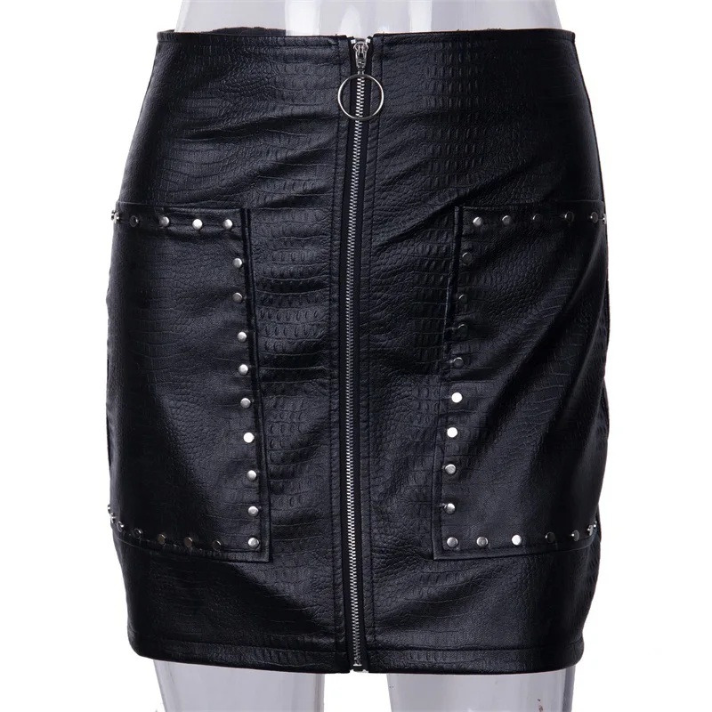 

High Waist Rivet PU Leather Skirts Women Sash Zipper Pencil Mini Skirt 2019 Autumn Streetwear Winter Black Skirts Short Kokerrok