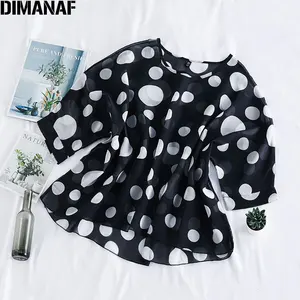 Женские летние платья DIMANAF размера плюс, блузки, рубашки Дамские топы, туника, шифоновая повседневная с принтом в горошек, черная тонкая женская одежда большого размера