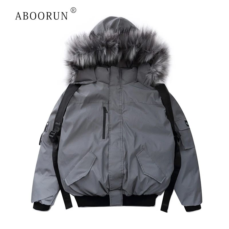 

Мужские зимние светоотражающие куртки ABOORUN 3M, куртки с меховым воротником и капюшоном с лентами, ветровка в стиле хип-хоп для мужчин