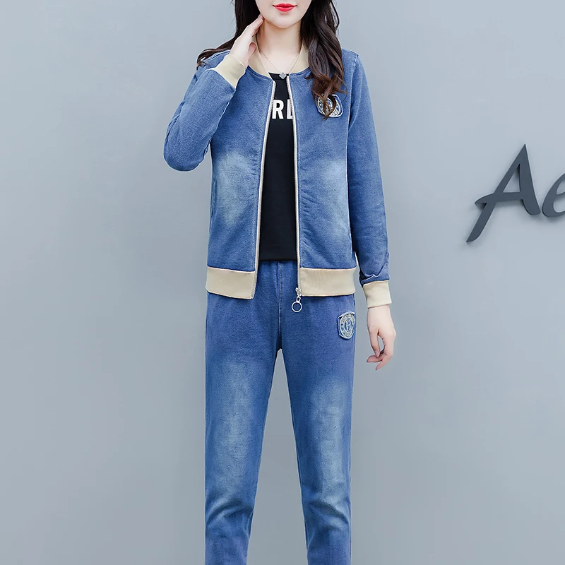 Женский джинсовый костюм из двух предметов повседневный большого размера весна