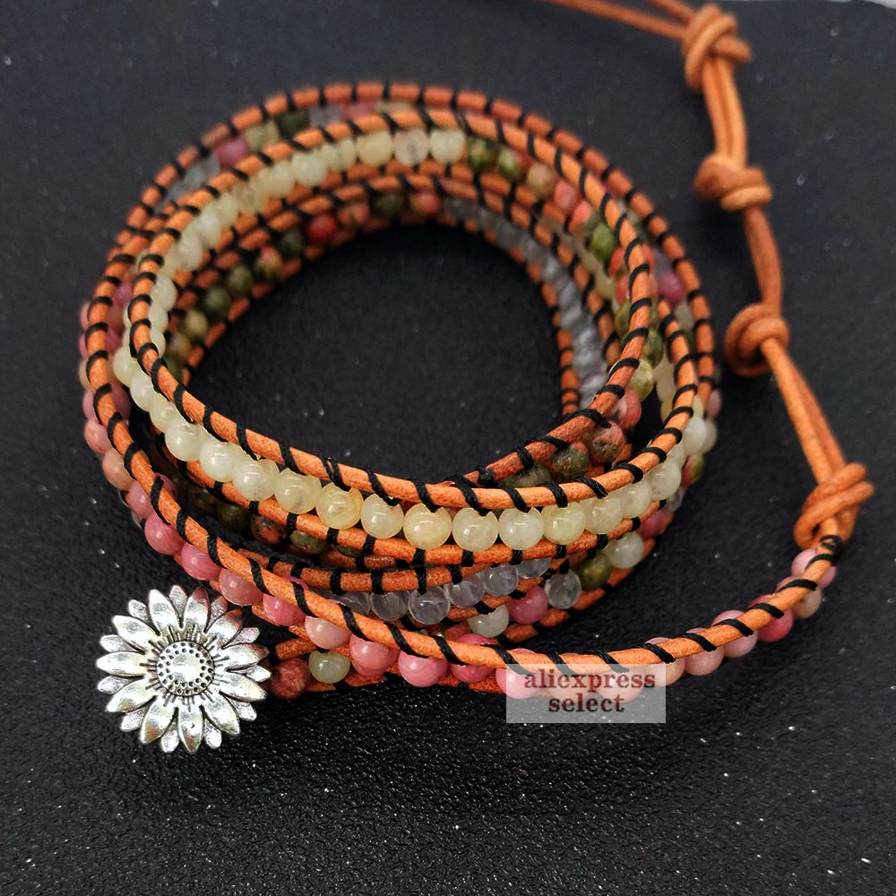 

Кожаный браслет с натуральным камнем, 5 нитей