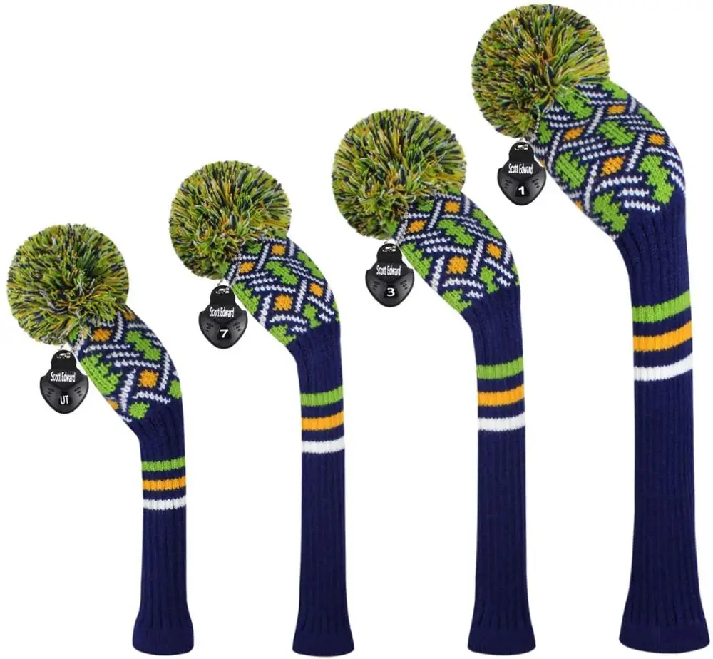 

Scott Edward 4pcs Knit Wood Golf Headcovers Pom-pom Driver(460cc) Fairway Hybrid woods for 1-3-5 ,with Blue Red Green Decoration