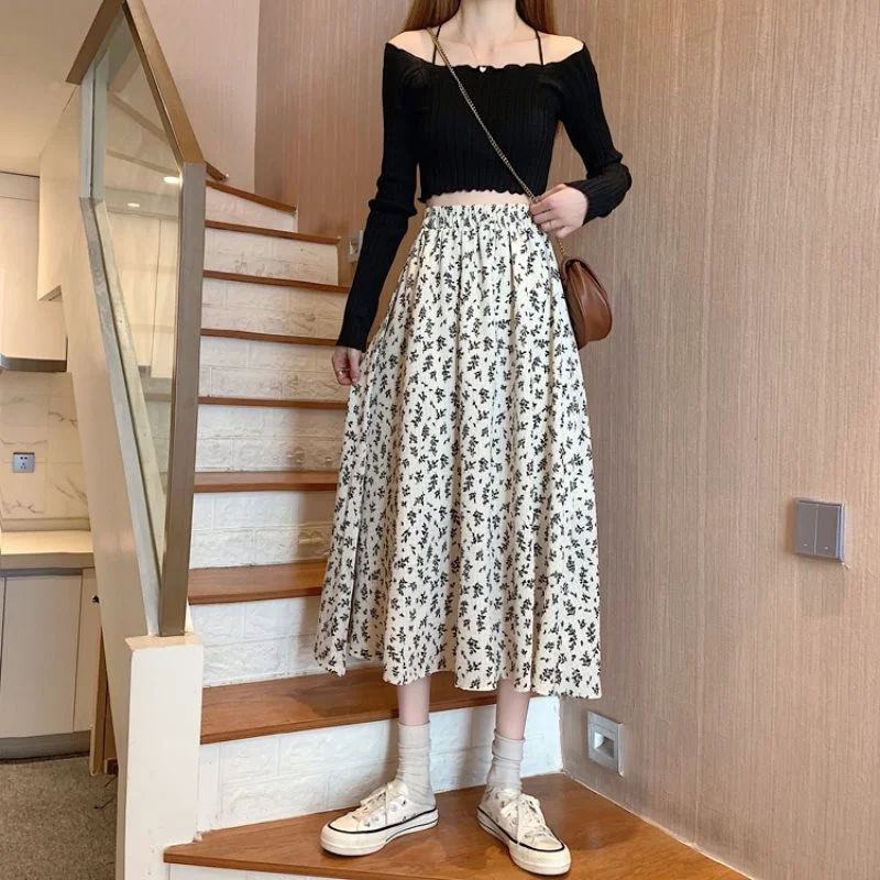 

Floral A- line Skirt Women's Summer 2021 New Small Hong Kong Style Ins High Waist Drooping Slimming Pleated Umbrella Skirt