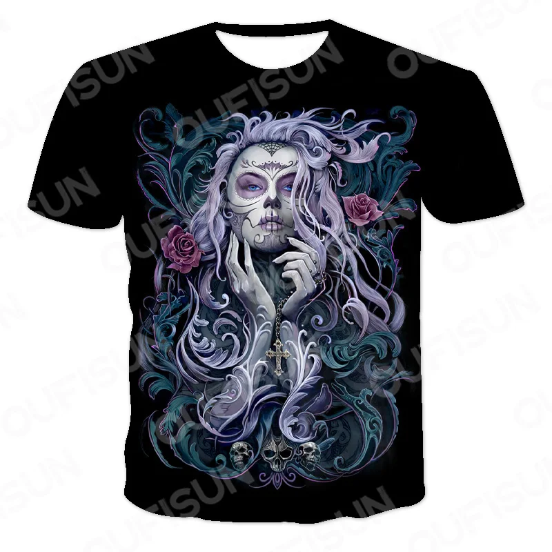 

Summer Fashion T Shirt Men Streetwear O-Neck Short Sleeve Tees Tops Holy Angel Male Clothes Skull Demon Print Man's T-shirts