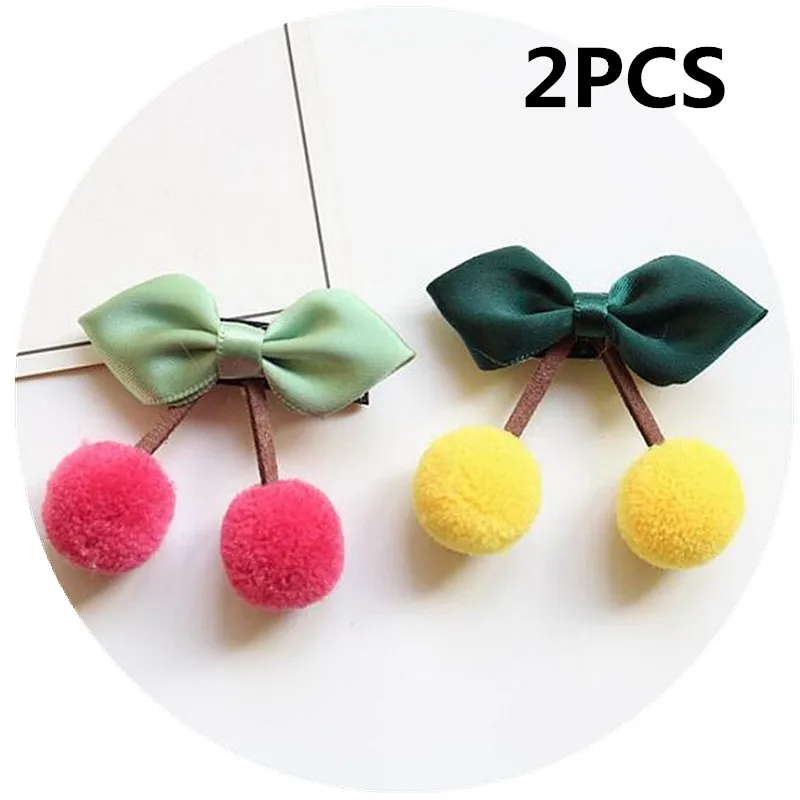 2pcs- hair clips 2/8 шт., вишневые заколки для волос для девочек, резинка для волос, бант для волос для маленьких девочек, лента с помпонами, haripin, Детские аксессуары для волос - Цвет: 2pcs- hair clips