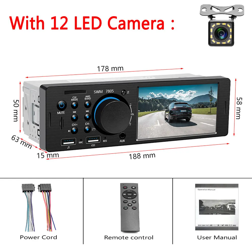 With 12LED Camera LeeKooLuu 1Din авто радио " на тонкопленочных транзисторах на тонкоплёночных транзисторах Сенсорный экран автомобильное аудио Bluetooth AUX USB TF Поддержка сзади Камера MP3 MP5 центральных автомобильных мультимедиа - Цвет: With 12LED Camera