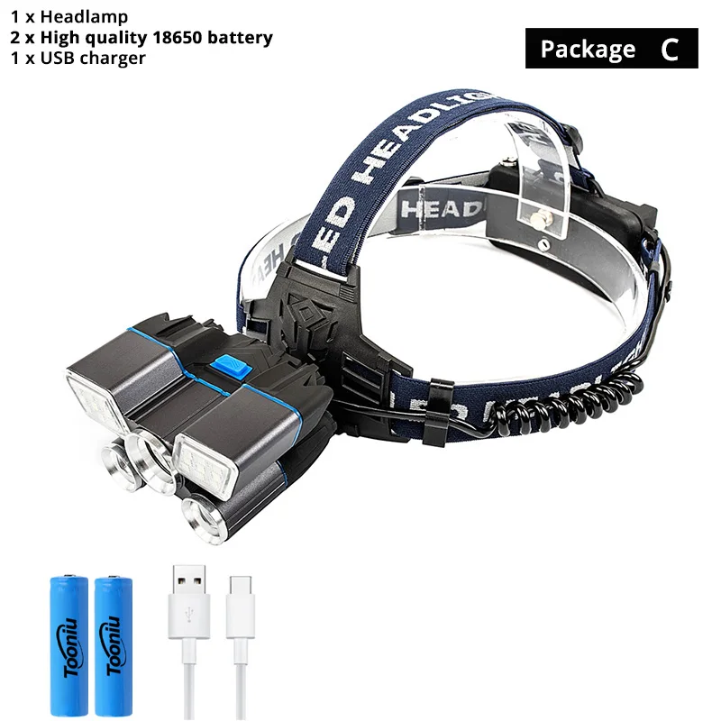 Package C Супер яркий светодиодный налобный фонарь с зарядкой от USB, красный и синий предупреждающий светильник 21 лампа из бисера, Водонепроницаемый светодиодный налобный светильник для рыбалки и охоты - Испускаемый цвет: Package C