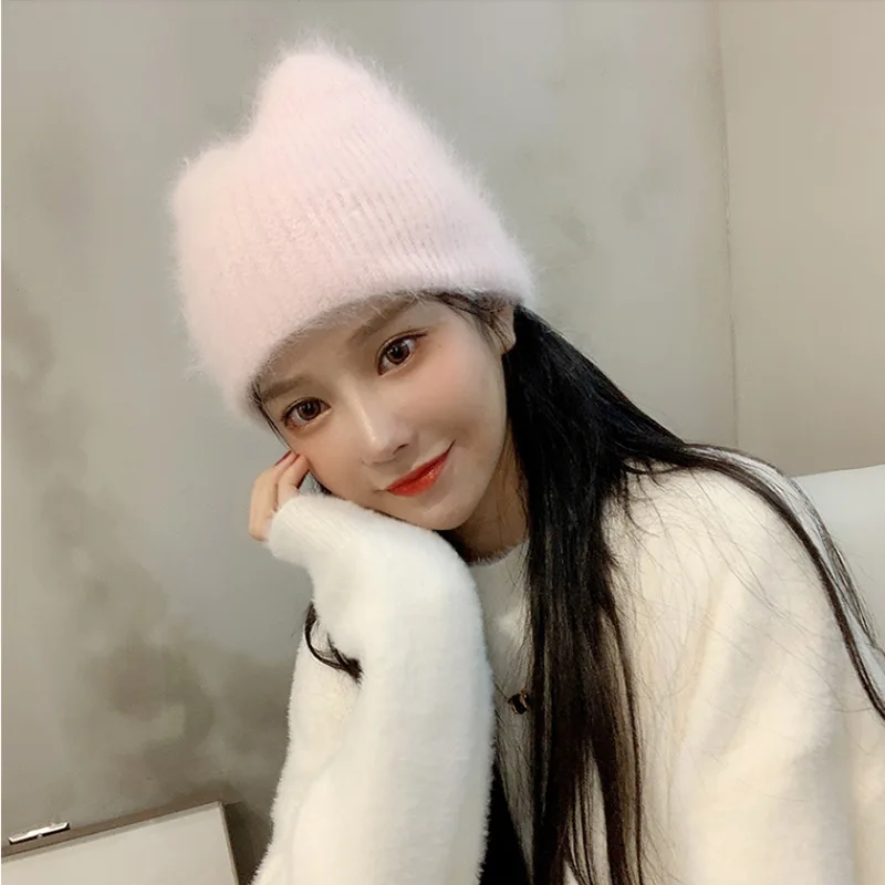 

Hot-selling Fashion New Ladies Rabbit Fur Cat Ear Cap Top Knitted Thick Warm Solid Color Adult Winter Cap