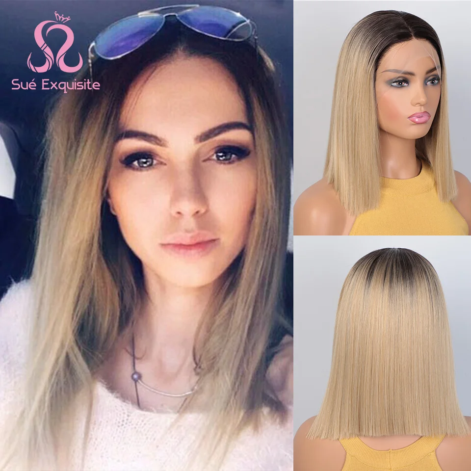 

SUe EXQUISITE Lace Front Wigs for Women Blonde Ombre Short Mid-Point Synthetic Women's Wigs Natural Hairline Full Wigs