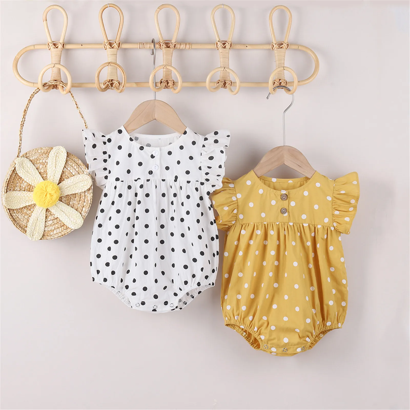 

OPPERIAYA Toddler Baby Girls Summer Bodysuit Baby Polka Dot Henley Neck Ruffled Sleeves Jumpsuit with Crotch Buttons 0-24 Months