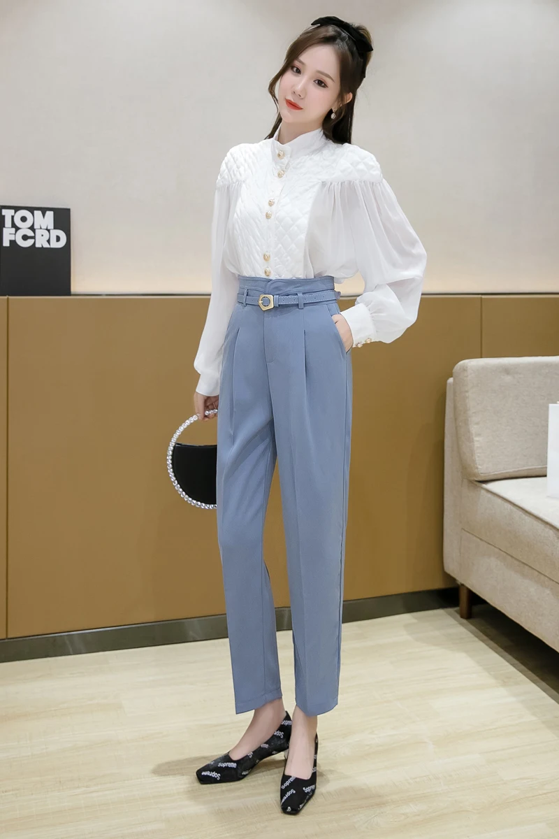 

Korean Style Spring Summer Women Fashion Casual Solid Office Lady Ankle-length Pants Elegant Pockets High Waist Harem Pants