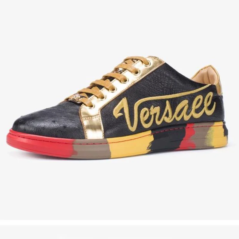 

Light luxury high-end ostrich genuine leather designer men fashion casual shoes men's lace-up breathable sneakers new listing