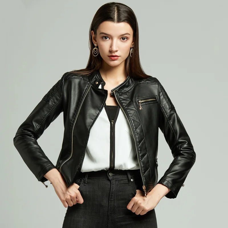 

Женские куртки из искусственной кожи на осень и зиму, женские короткие облегающие пальто из искусственной кожи с длинным рукавом, мотоцикле...
