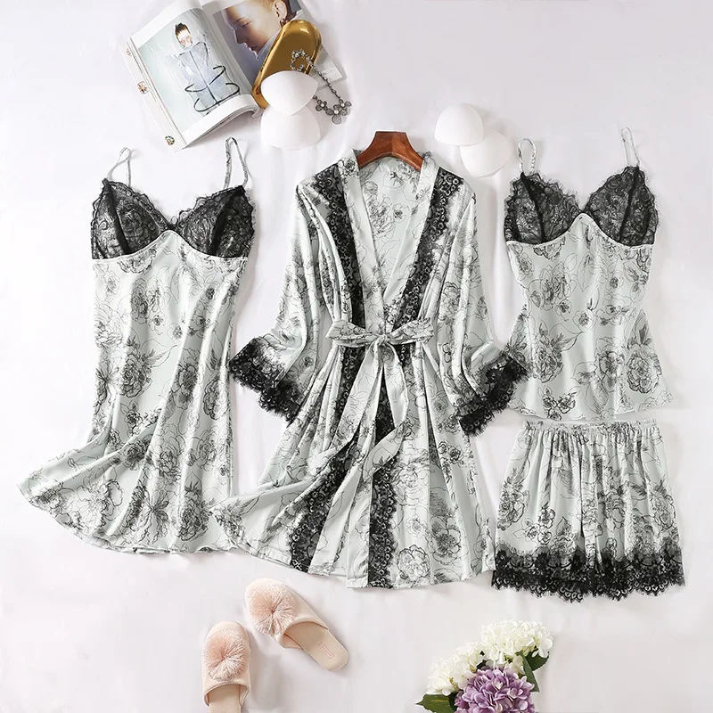 

Pajamas Set Women Sleepwear Sexy Suspender Nightgown Spring Summer Pijamas Suit Printed Flower Lace Trim Bathrobe Home Wear