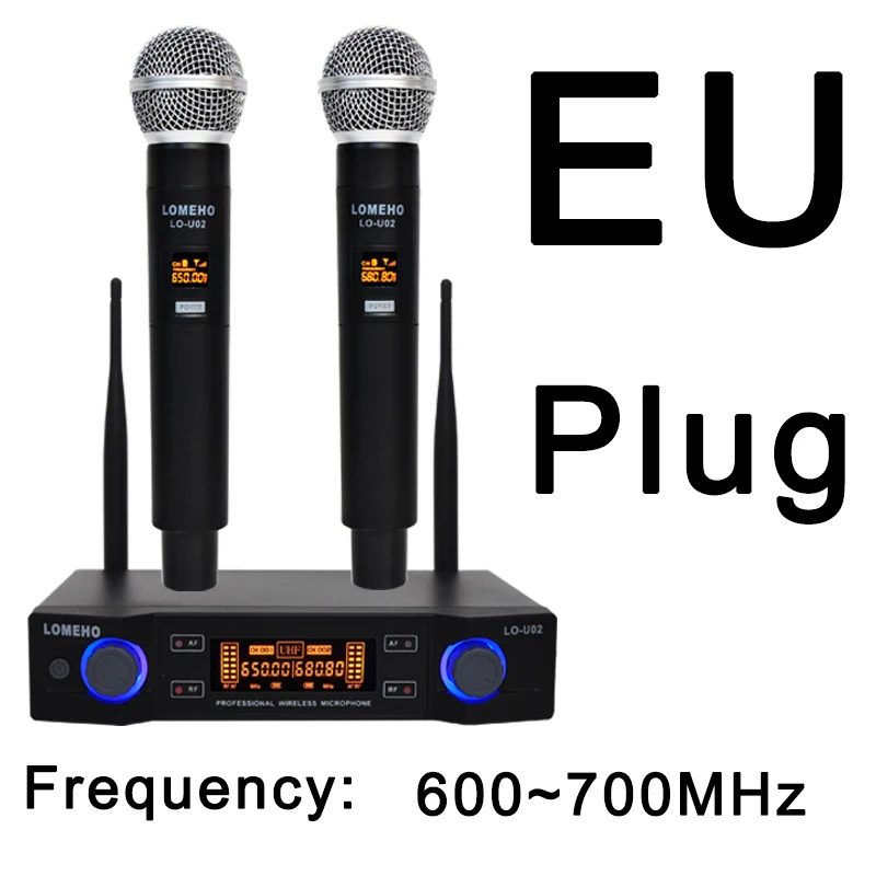 Lomeho LO-U02 2 ручной UHF частоты Динамический капсула 2 канала беспроводной микрофон для караоке системы - Цвет: EU PLUG 600