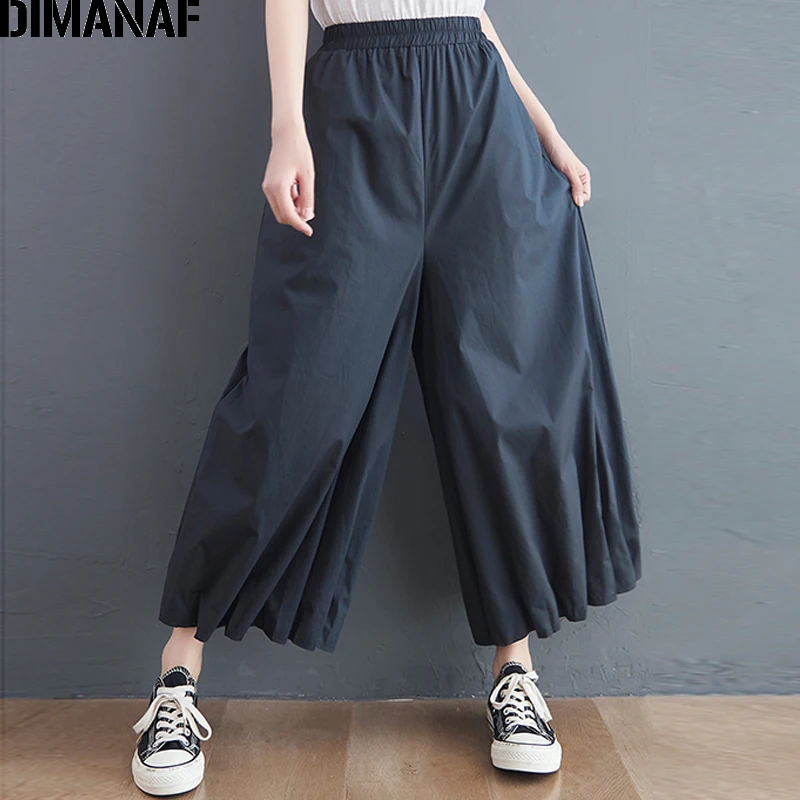 

DIMANAF 2021 Summer Oversize Long Pants Women Wide Leg Elastic Waist Fashion Lady Trousers Pleated Oversize Female Clothing