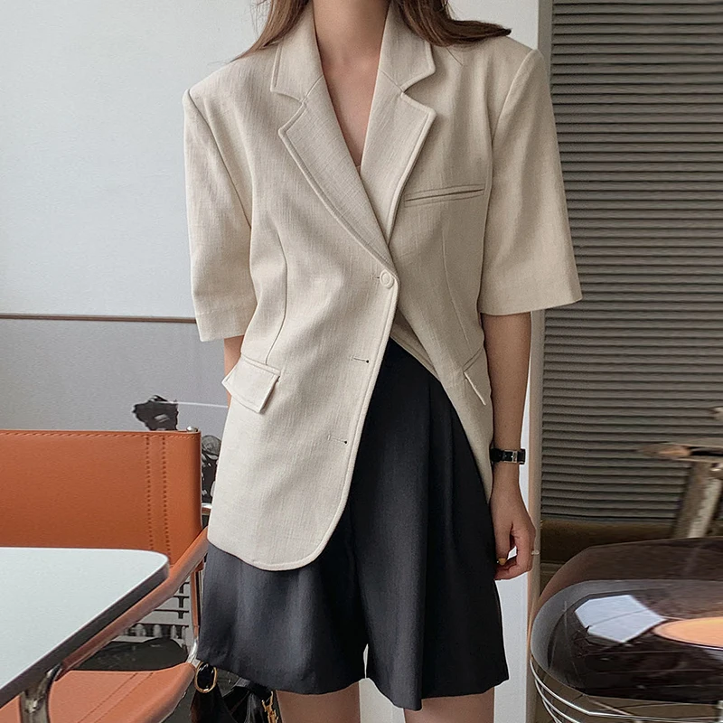 

Women Sets 2021 Summer Korean Chic Temperament Lapel Three Button Short Sleeve Blazer High Waist Wide Leg Casual Shorts