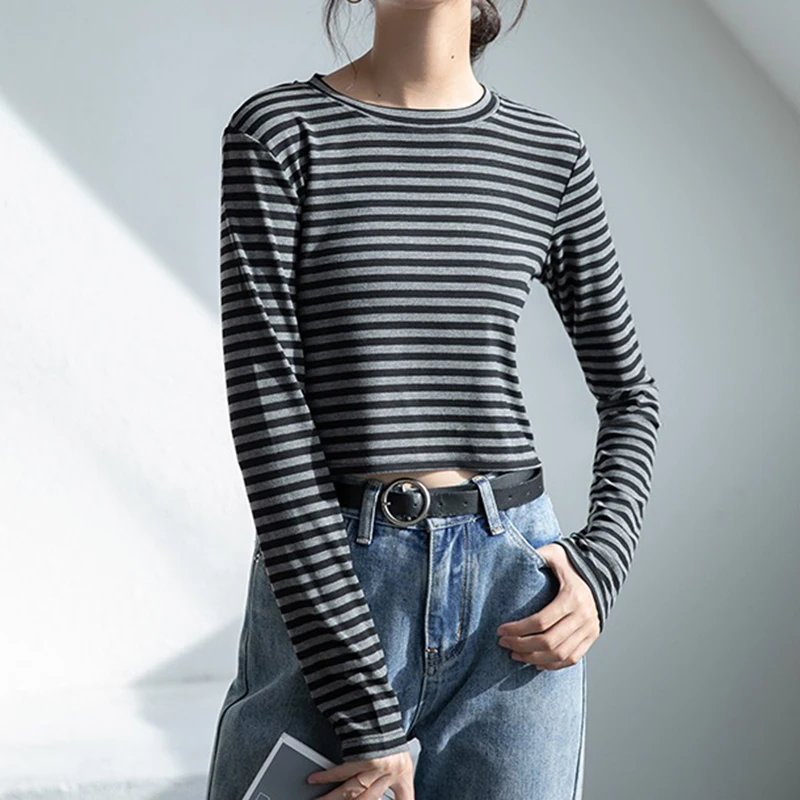 

Spring Autumn Short Crop Top T-shirt Long-sleeved Cotton Women Tshirt Striped Casual O-Neck Tee Shirt Femme All-match Top Female