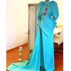 Бирюзовое длинное вечернее платье-русалка, с высоким разрезом, с пышными рукавами, с кристаллами, на пуговицах