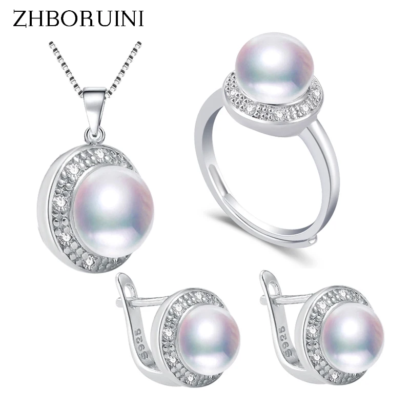 ZHBORUIN 2021 Fashion Pearl Jewelry Set 100% Real Natural Pearl Necklace Earrings Ring 925 Sterling Silver Jewelry Set For Women