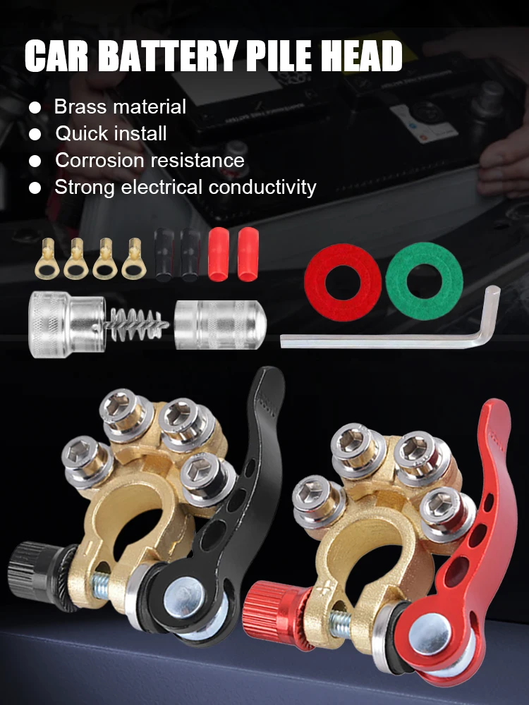 

1Pair Car Battery Terminal Connector Quick Release Clamp Connector Brass Cable Post Terminal w/ Wire Lug Cleaning Brush Hex Key