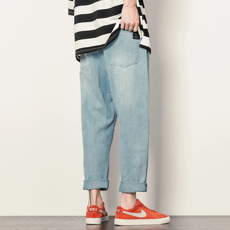 

2021 Spring Summer Men Korean Fashions Cowboy Blue Jeans Harem Pants Wide Leg Pants Mens Streetwear Denim Trousers