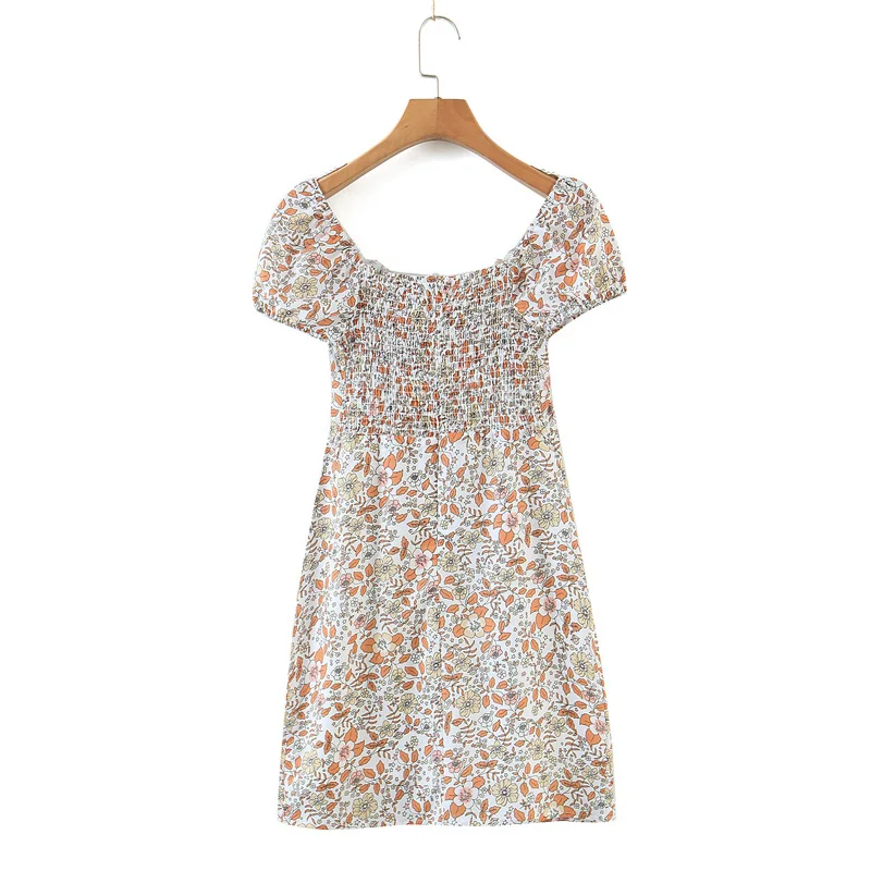 

Women Bow Tie Floral Print Dress Summer 2021 Vintage Square Neck Short Sleeve Beach Zipper Bodycon High Waist A Line Mini Dress