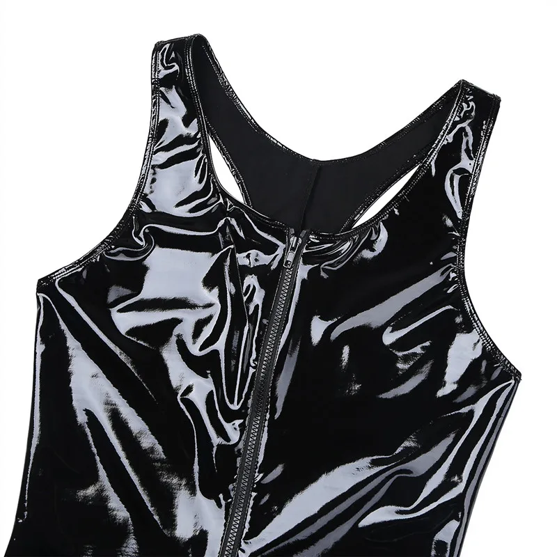 Mens Wetlook Patent Leather One-piece Sleeveless Front Zipper Crotchless Singlet Boxer Briefs Leotard Open Legs Bodysuit | Спорт и