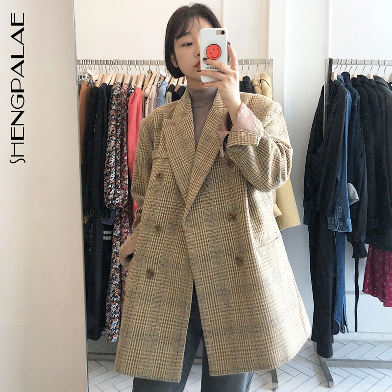 SHENGPALAE 2020 новый модный осенний костюм с воротником клетчатый двубортный блейзер
