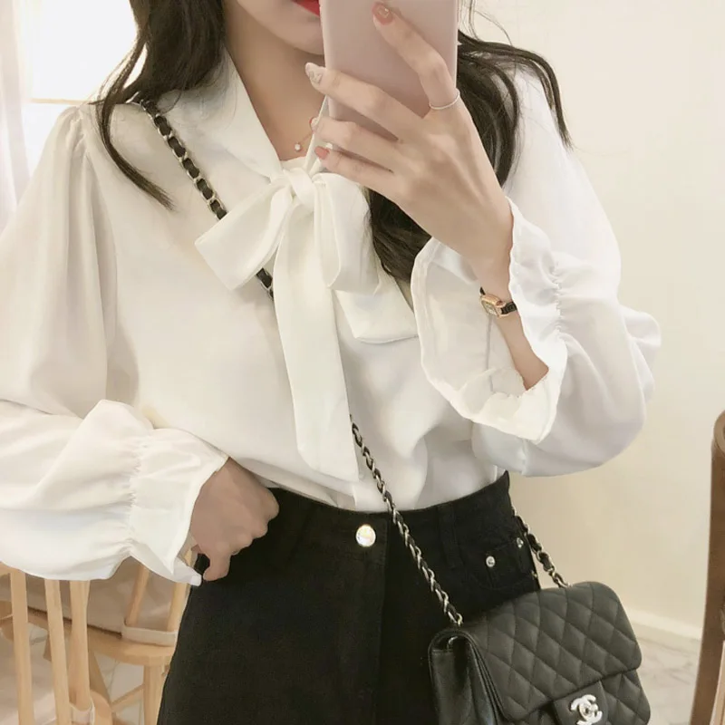 Elegant Bow-neck Women Blouses White Shirts Chic Flare Sleeve Loose Female Shirts Tops Chiffon Femme Tops 2020 Spring Summer