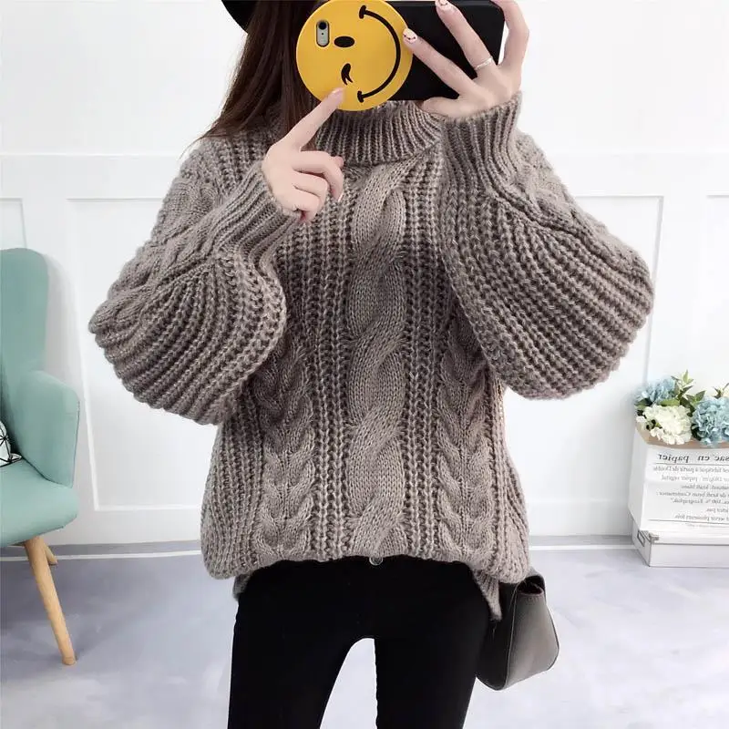 Knitwear Winter Pullovers Sweaters Women Autumn Turtle Neck Loose Sweater Jumper Female Solid Khaki Chic Tops | Женская одежда