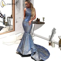Sparkly Blue Mermaid Sequin Evening Dresses O Neck Sweep Train Long vestidos robe femme Summer