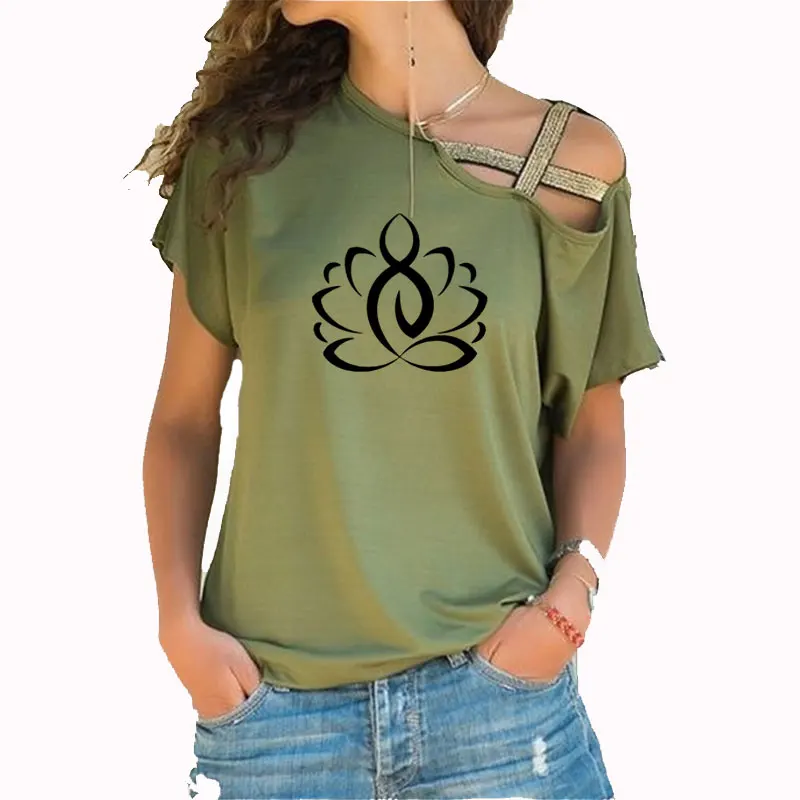 

Lotus Buddhist Meditation Relaxation Print Women Tshirt Cotton Casual t Shirt For Lady Girl Irregular Skew Cross Bandage Tshirt