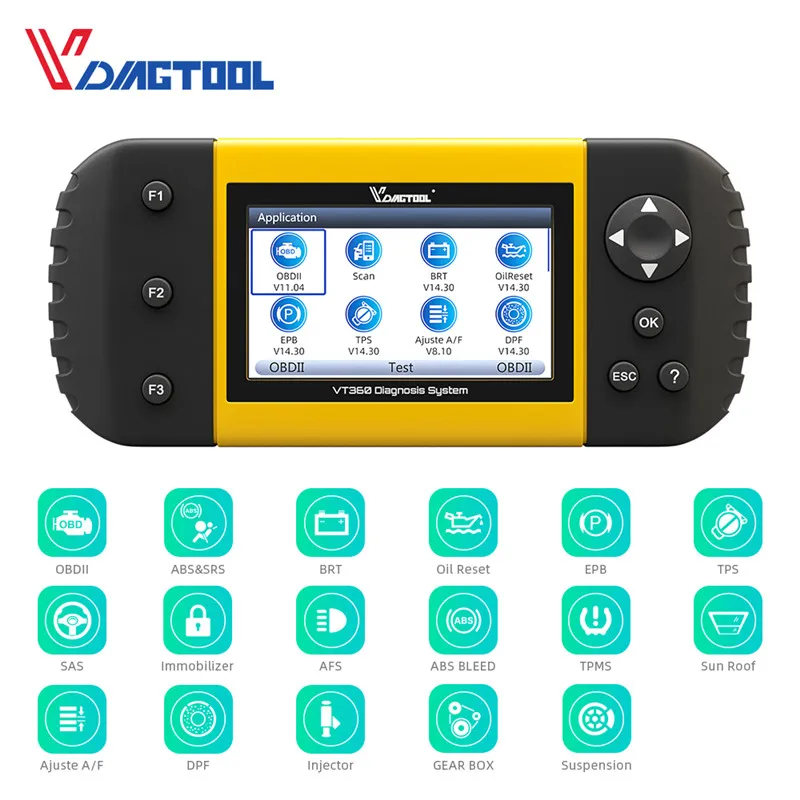VDIAGTOOL VT360 OBDII Автомобильный диагностический инструмент ABS подушка безопасности SAS BRT EPB DPF TPA TPMS Immo сброс масла инжектор OBD2 автомобильный сканер