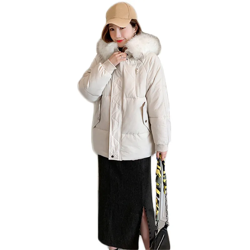 

Winter coat women loose white fur collar hooded down cotton jackets 2020 new fashion Korean thick warmth parkas feminina LD1451