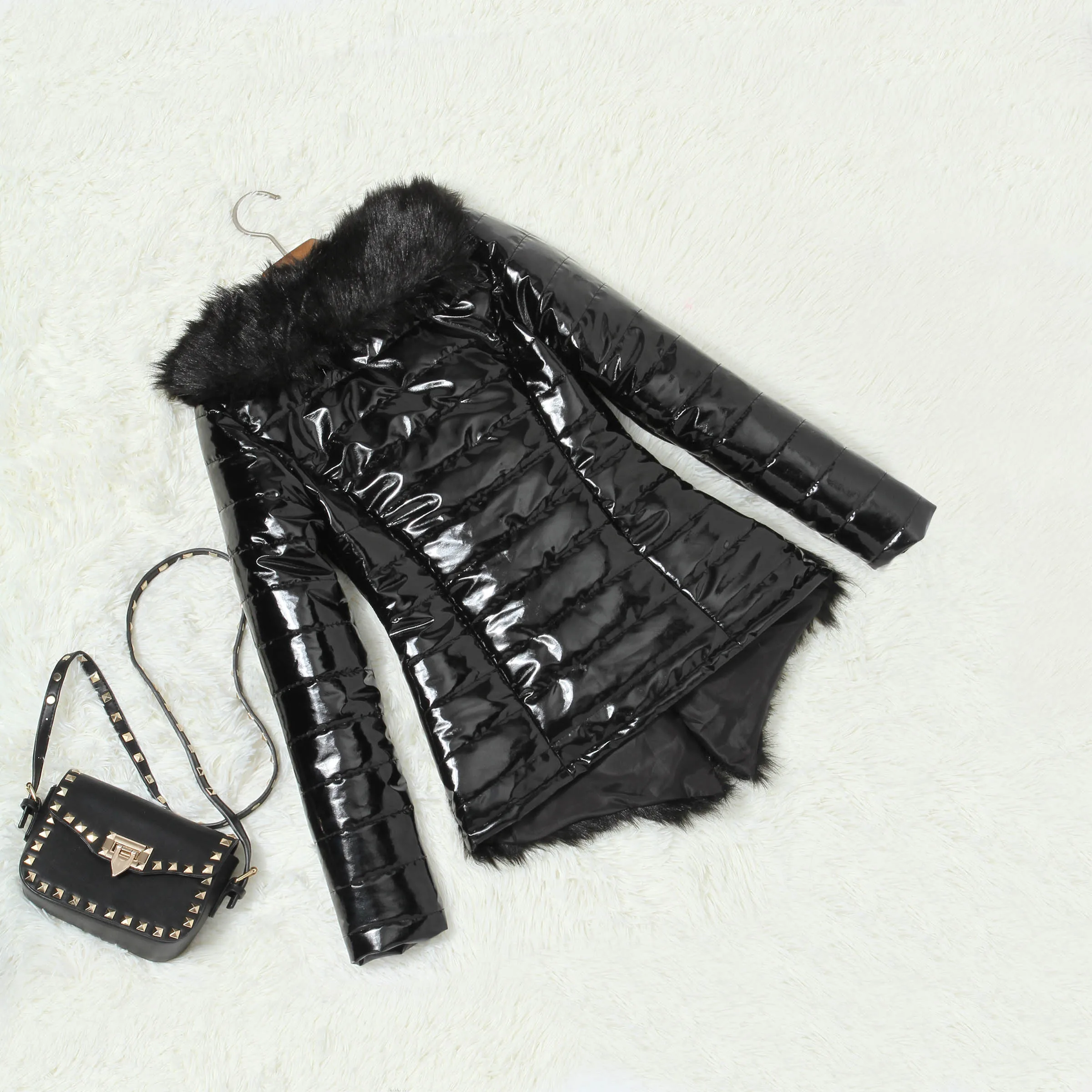 Зимние Куртки из искусственной кожи пальто для женщин теплые искусственный