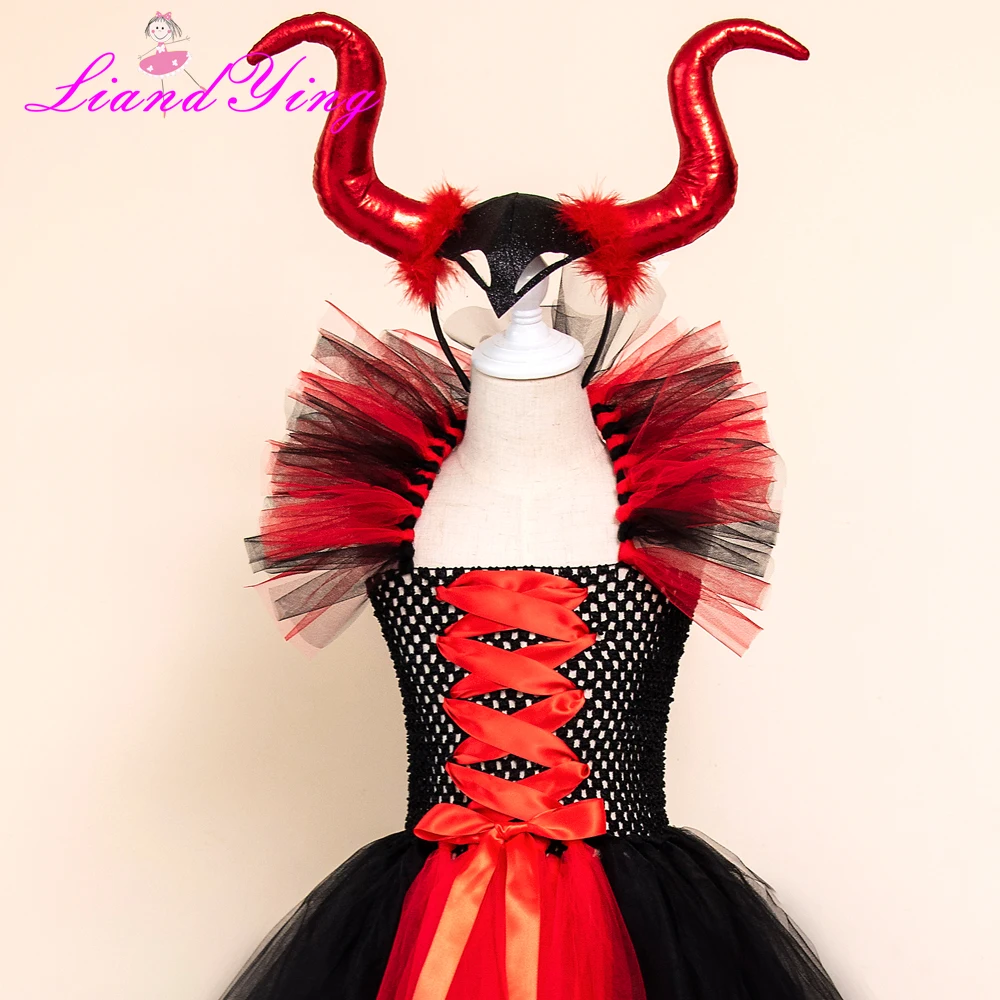 Maleficent/платье-пачка «злая королева» для девочек с рогами, костюм ведьмы для косплея для девочек, детское праздничное платье, детская одежда