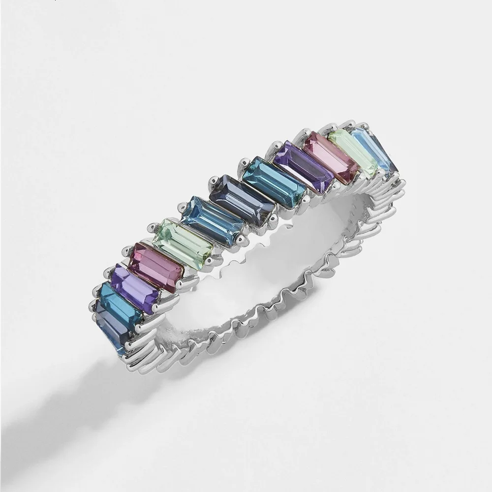 Silver Rainbow 3 Новое Женское кольцо с радужным фианитом в стиле бохо, цвета: золото, серебро, багет, кубический цирконий, обручальное кольцо вечности - Цвет основного камня: Silver Rainbow 3