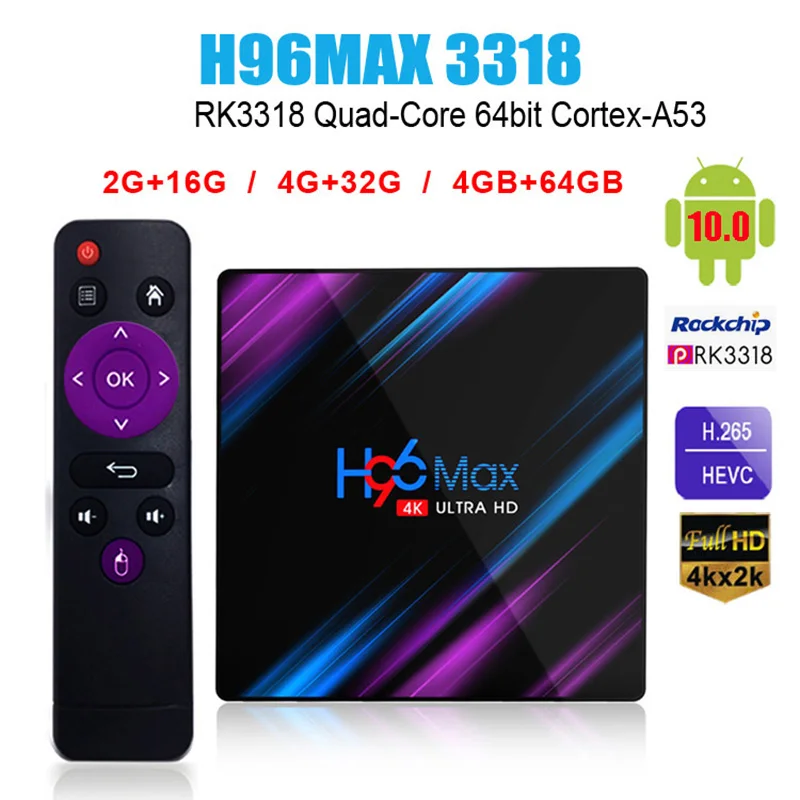 

ТВ-приставка H96 MAX на Android 10,0, 4 + 32/64 ГБ, 4 ядра, 4K