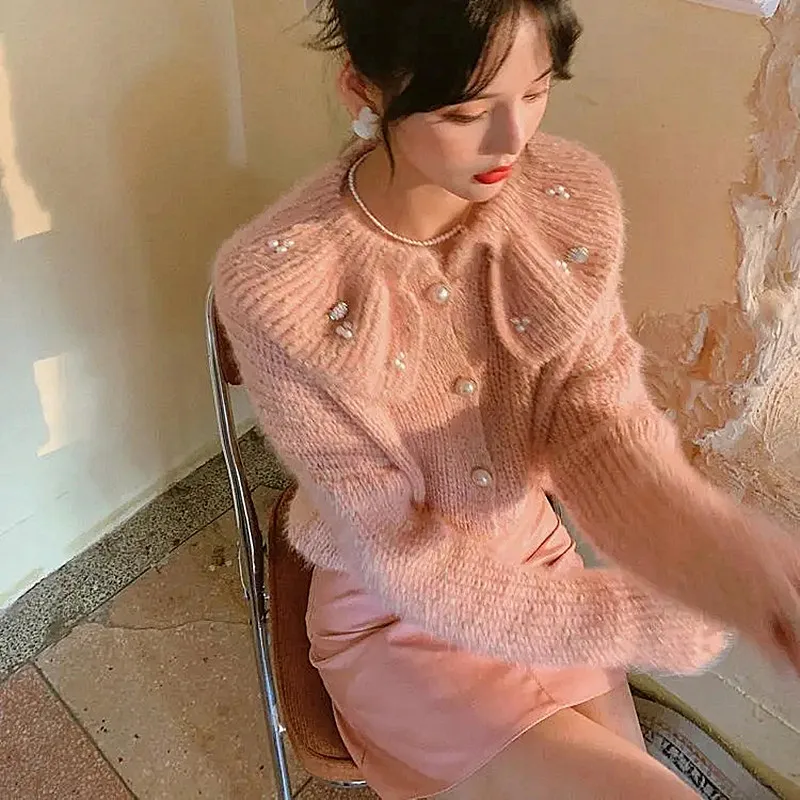 

Autumn & Winter Fashion Pink Mohair Pullovers Sweater Sweet Knitted Pearls Beading Women Sueter Mujer Celebrity Sweaters SY270